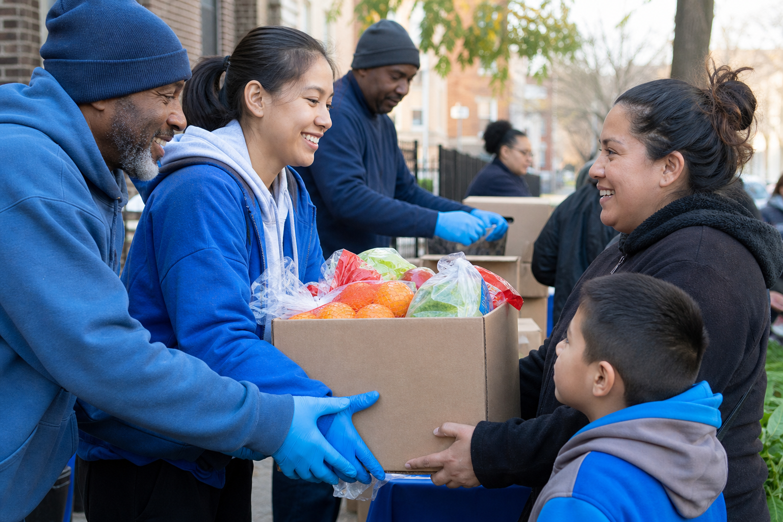 Volunteers handing a box of fresh groceries to a parent and child at an outdoor distribution table