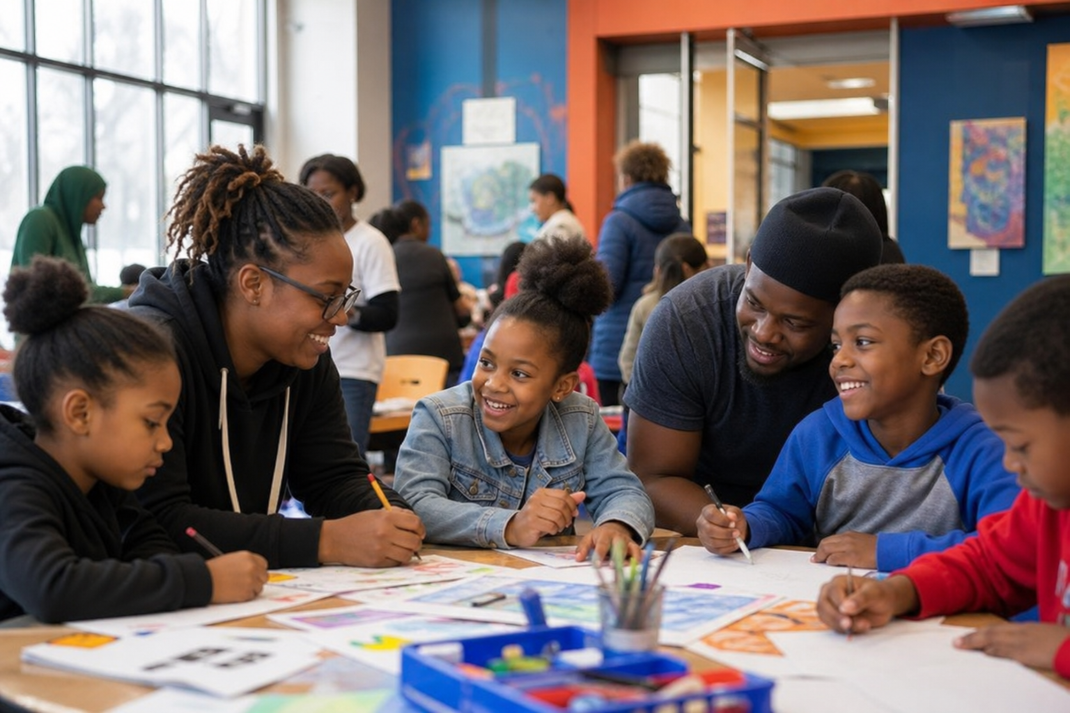 Adults and children drawing together at a long table inside a bright community room